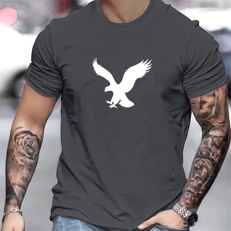 2024 Summer New Men's Simple Fashion Loose T-Shirt Eagle Print Round Neck Solid Color Short-Sleeved T-Shirt Casual Daily Tops