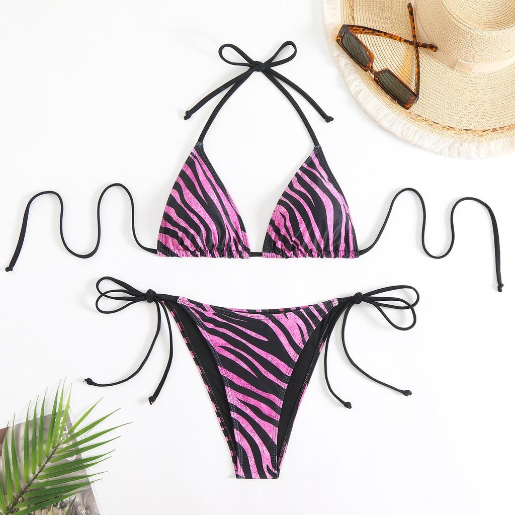 2025 Zebra Stripe Halter Bikini Three-Piece Swimsuit