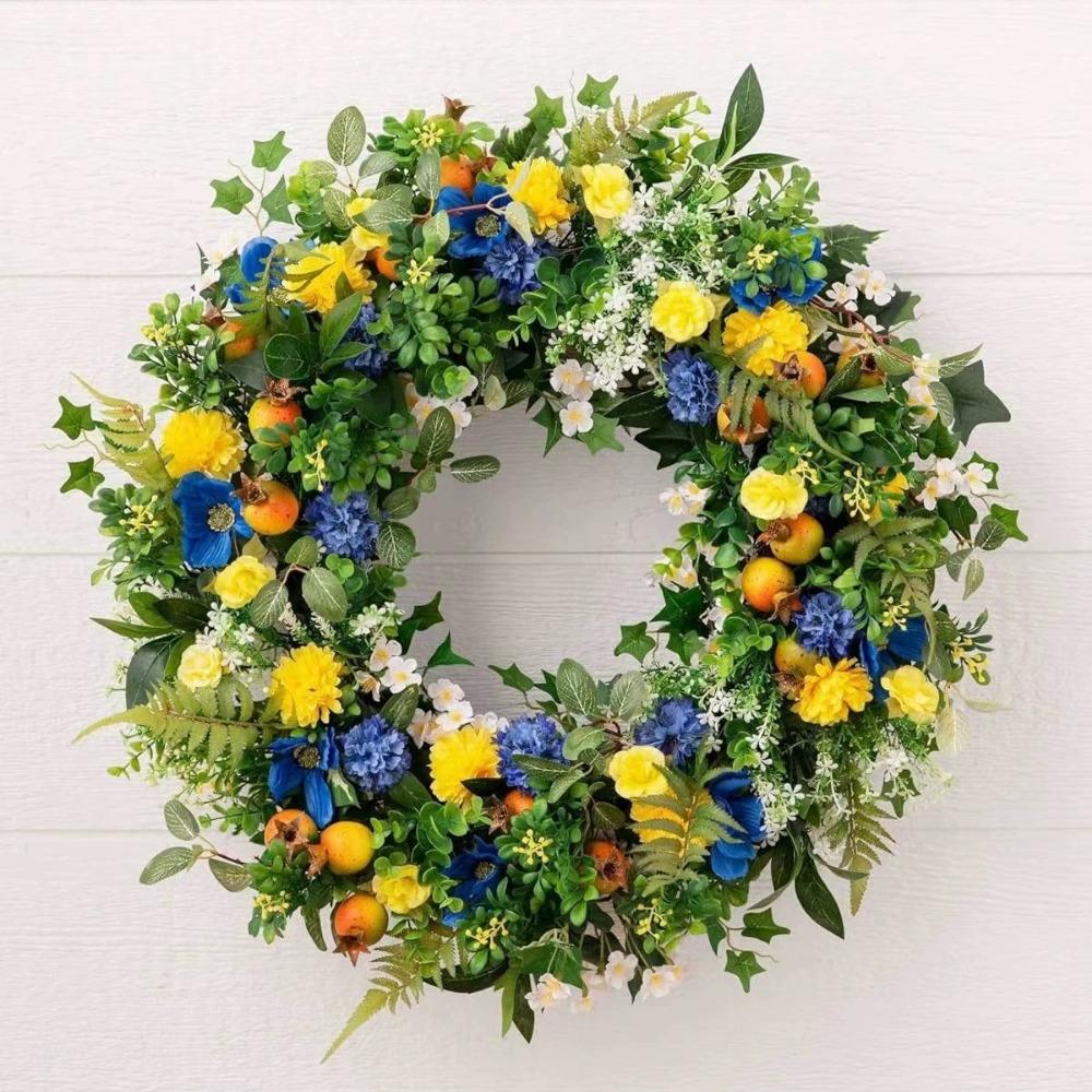 35/40/50cm Spring Summer Carnation Wreath for Front Door Valentines Day Wreath with Blue&Yellow Flower Door Wreath with Pomegranates Daisy for Wedding