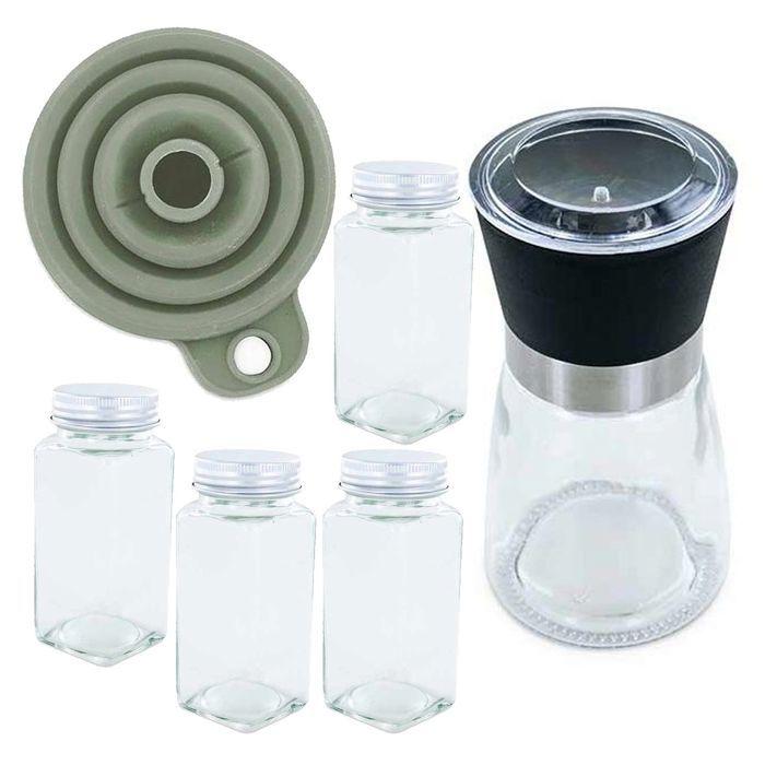 Coffret épices avec moulin, entonnoir & 4 flacons