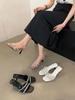 Fashion Open Toe Women Slides Slippers Summer Outside Thin High Heels Patent Leather Crystal Dress Shoes Stiletto Pumps Silver White 39