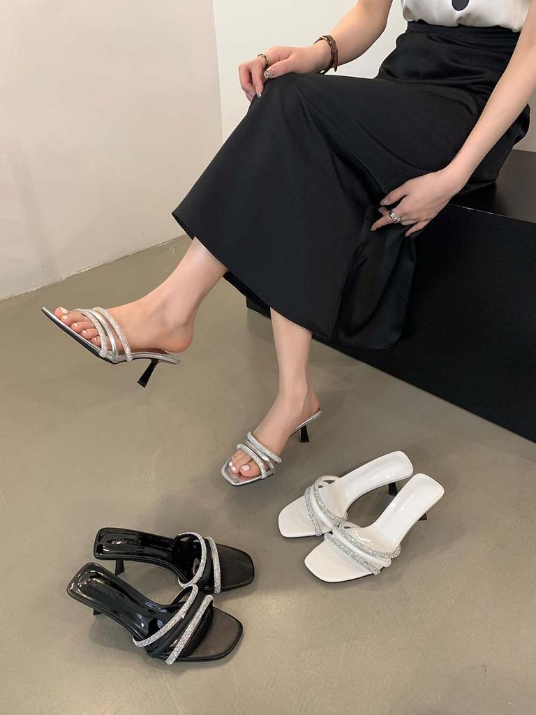 Fashion Open Toe Women Slides Slippers Summer Outside Thin High Heels Patent Leather Crystal Dress Shoes Stiletto Pumps Silver White 39