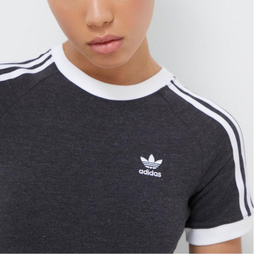 adidas Женская футболка с тремя полосками, узкая, реглан, черная, меланжевая, женская уличная одежда IU2429