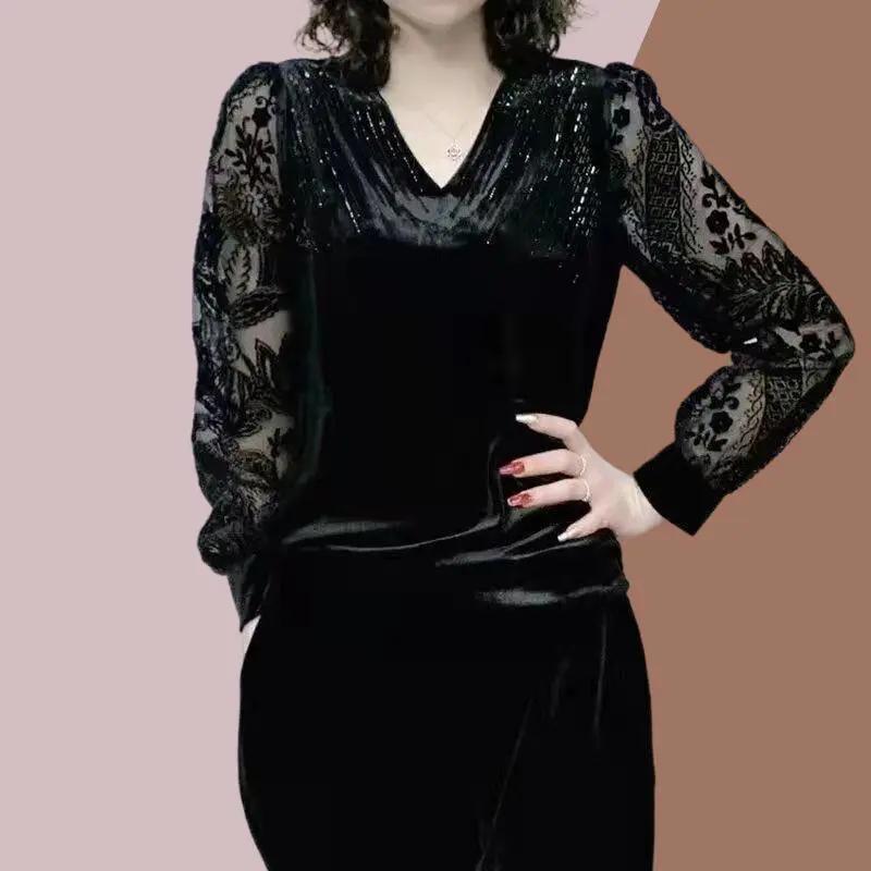 Женская кружевная рубашка с V-образным вырезом и длинными рукавами, простой топ Commuter Temperament