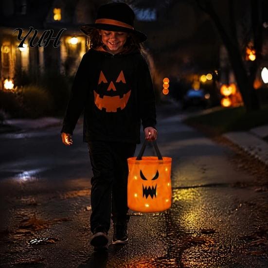 Illuminated Halloween Candy Basket Glowing Pumpkin Bag with LED Lights, Reusable Treat Spooky Tote Lights for Kids, Trick or Handbag Party Favors
