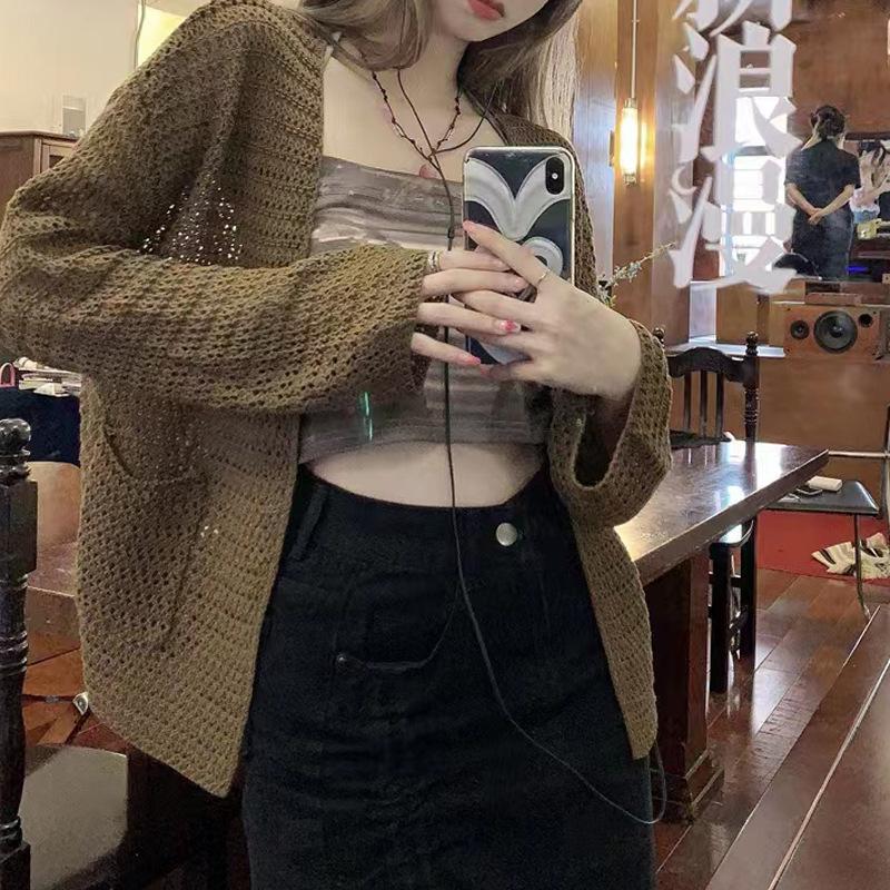 Летний женский тонкий ажурный кардиган с карманами, вязаный, верхняя одежда, нишевый дизайн, горячая девушка, солнцезащитная шаль, топ, пальто