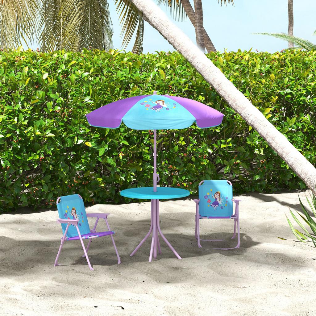 Kids Picnic Table and Chair Set, Fairy Themed Outdoor Garden Furniture w/ Foldable Chairs, Adjustable Parasol