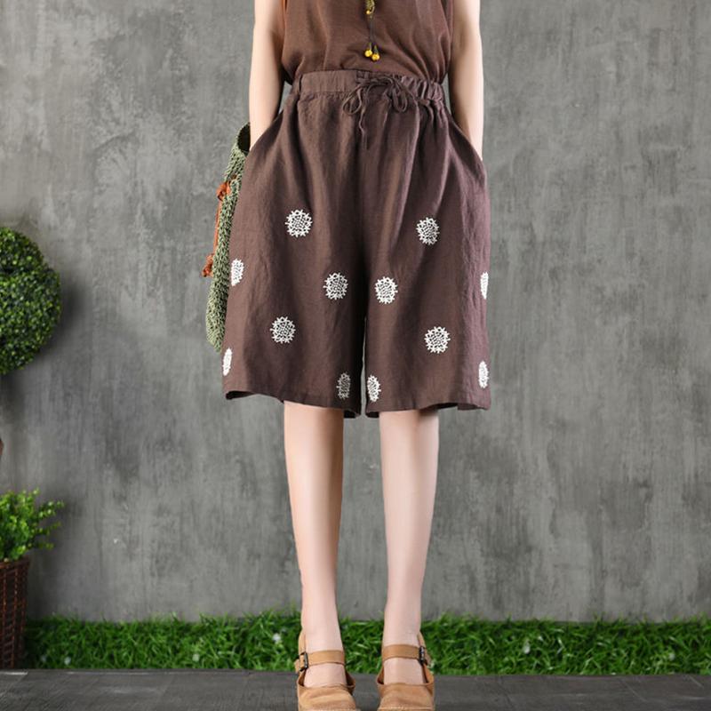 Винтажные брюки с вышивкой размера плюс пять четвертей, универсальные женские широкие шорты из хлопка и льна