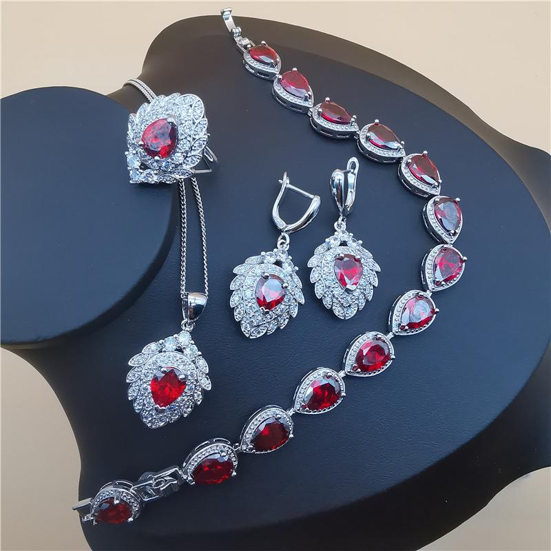 Fashion Bridal Costume Jewelry Set Ladies Accessories Zirconia Earrings Necklace Bracelet Ring Set