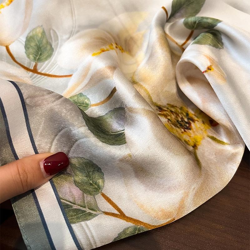 Elegant Kapok Silk Scarf Women's Spring Fashion Light Luxury Versatile Mulberry Silk Small Scarf Plain Crepe Satin 53 Square Scarf