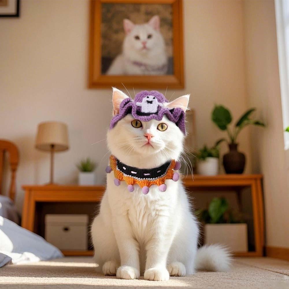 Одежда Хэллоуин Головной убор кошки Тыква Кошка Вязаная шапка Нагрудник Хэллоуин Костюмы для питомцев Фестивальная вечеринка