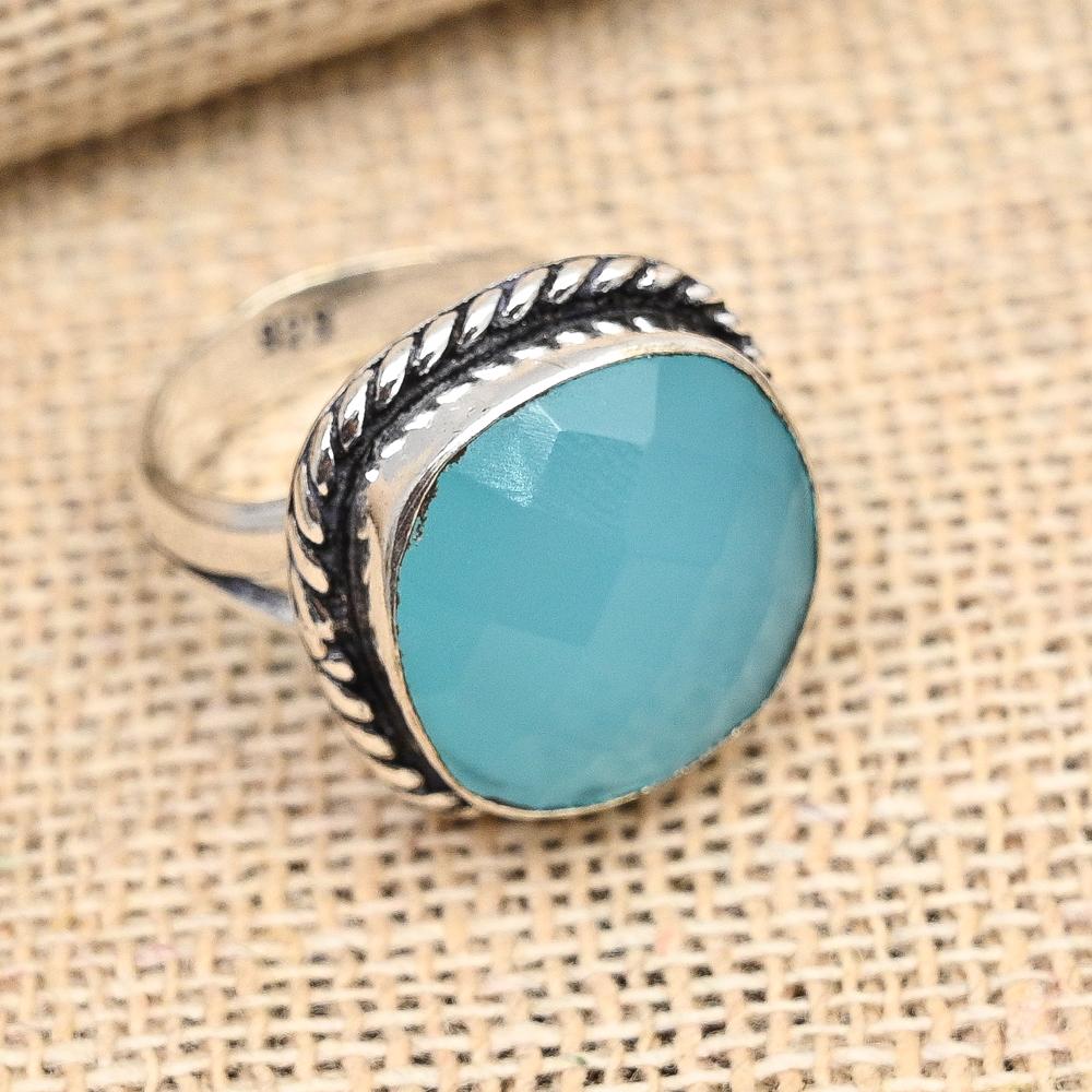 Aqua Chalcedony Gemstone Handmade Solid 925 Sterling Silver Ring Jewelry