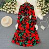 Spring and Autumn Long Sleeves Elegance Wide Hem Printed Dress