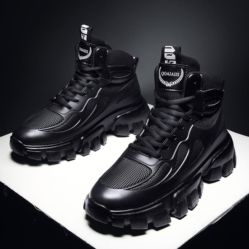 Fashion Winter Plus Velvet Outdoor Increased Sports NonSlipThe New Round Shape Shoes Men Leather Boots Black High Gang Platform Boots