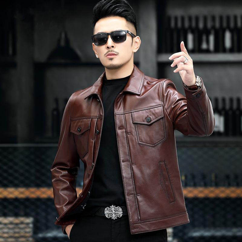 Куртка из натуральной кожи, мужская мотоциклетная кожаная куртка с верхним слоем из воловьей кожи с лацканами, трендовая красивая мужская кожаная куртка