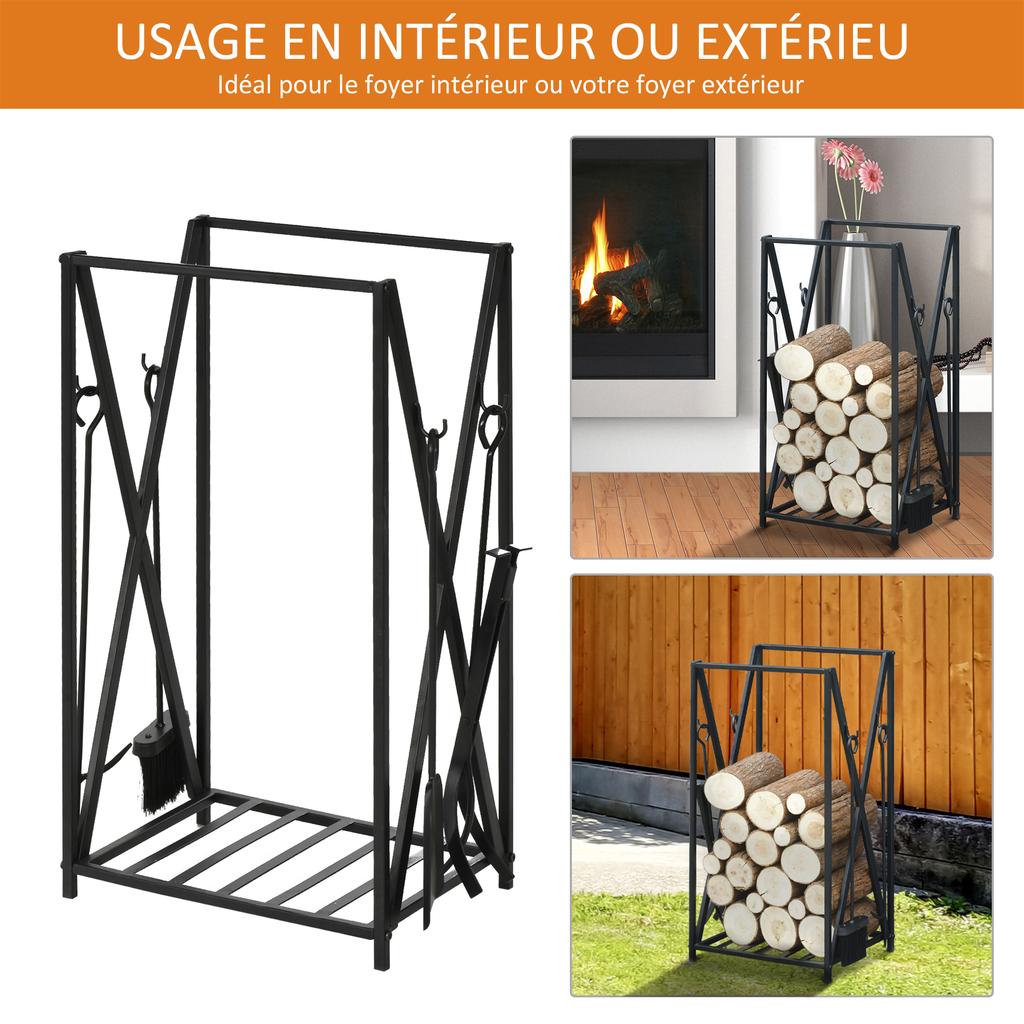Log Holder Firewood Rack Fireplace Tool Set Multi Accessory Shelf 46L X 30W X 76H Cm Black Steel
