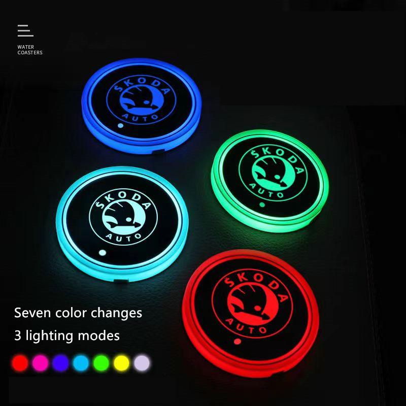 vbjny0 Water Cup Coaster Anti-Slip Pad Ambient Light Car Interior USB Charging LED Car Cup Holder Light  For Skoda 7 Color Luminous