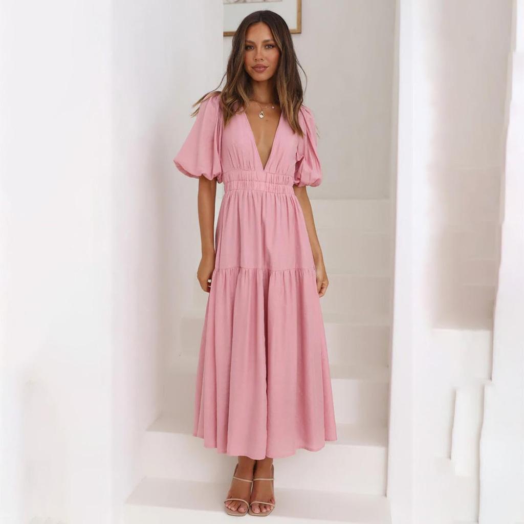 Women Spring Solid Color Short Puff Sleeve Dress Summer Casual V-Neck High Waist Ankle-Length Dresses S-XL