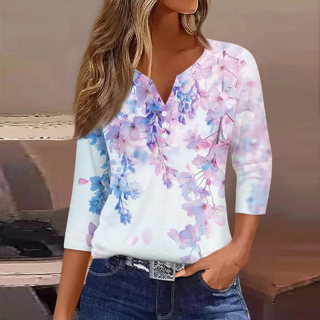 Women's T Shirt Tee Print Button 3/4 Sleeve Daily Weekend Fashion Basic V Neck Regular Top