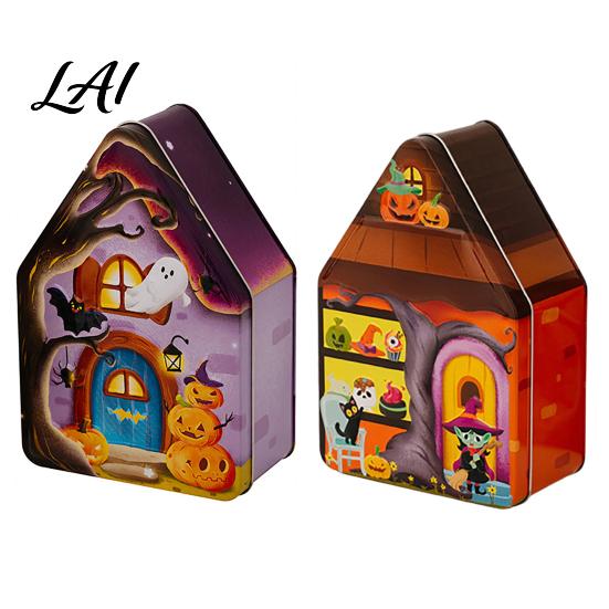 Halloween Souvenir Packaging Tin Candy Box Haunted House Pumpkin Bat Print Metal Storage Jar Decorative Containers for Candies Party Favors,