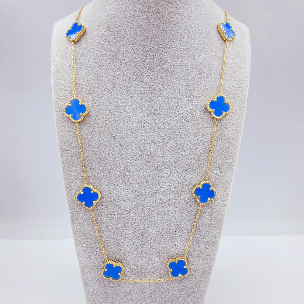 15 мм Титановая сталь Четырехлистный цветок 10 цветов Цепочка для свитера 60 см Двойное удачное ожерелье с четырехлистным клевером