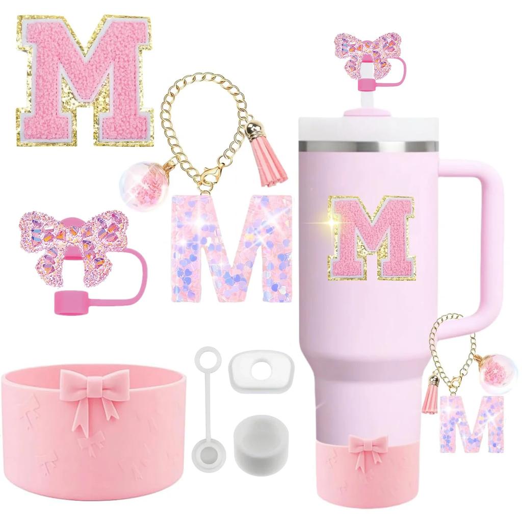 7PCS Pink Accessories for Stanley Cup 30/40 Oz Tumbler with Handle Bow Straw Topper Cover Cap Boot Initials Charm Letter Sticker