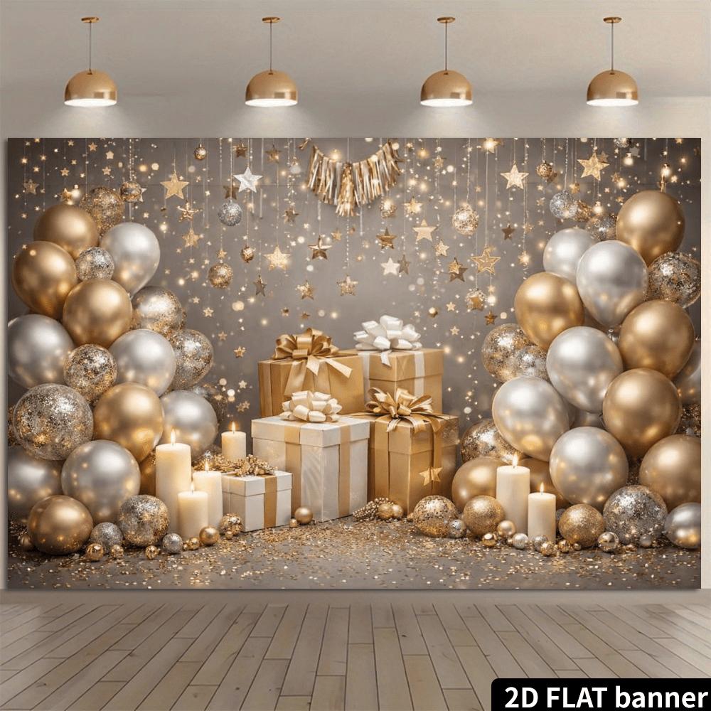 2D plane, 1 piece of platinum balloon birthday party backdrop fabric, combination of champagne gold and silver balloons