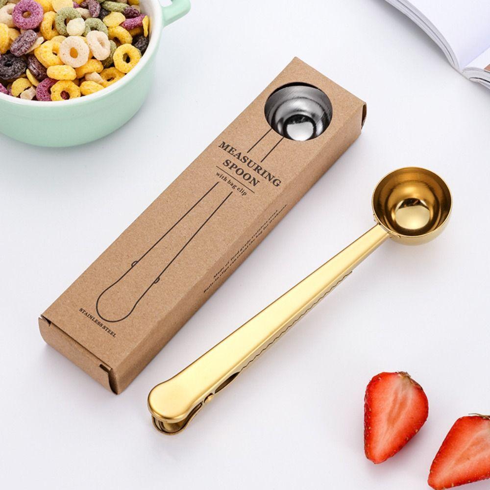 1pcs With Sealing Clip Measuring Spoon Stainless Steel Long Handle Spoon Portable Coffee Spoon  Home