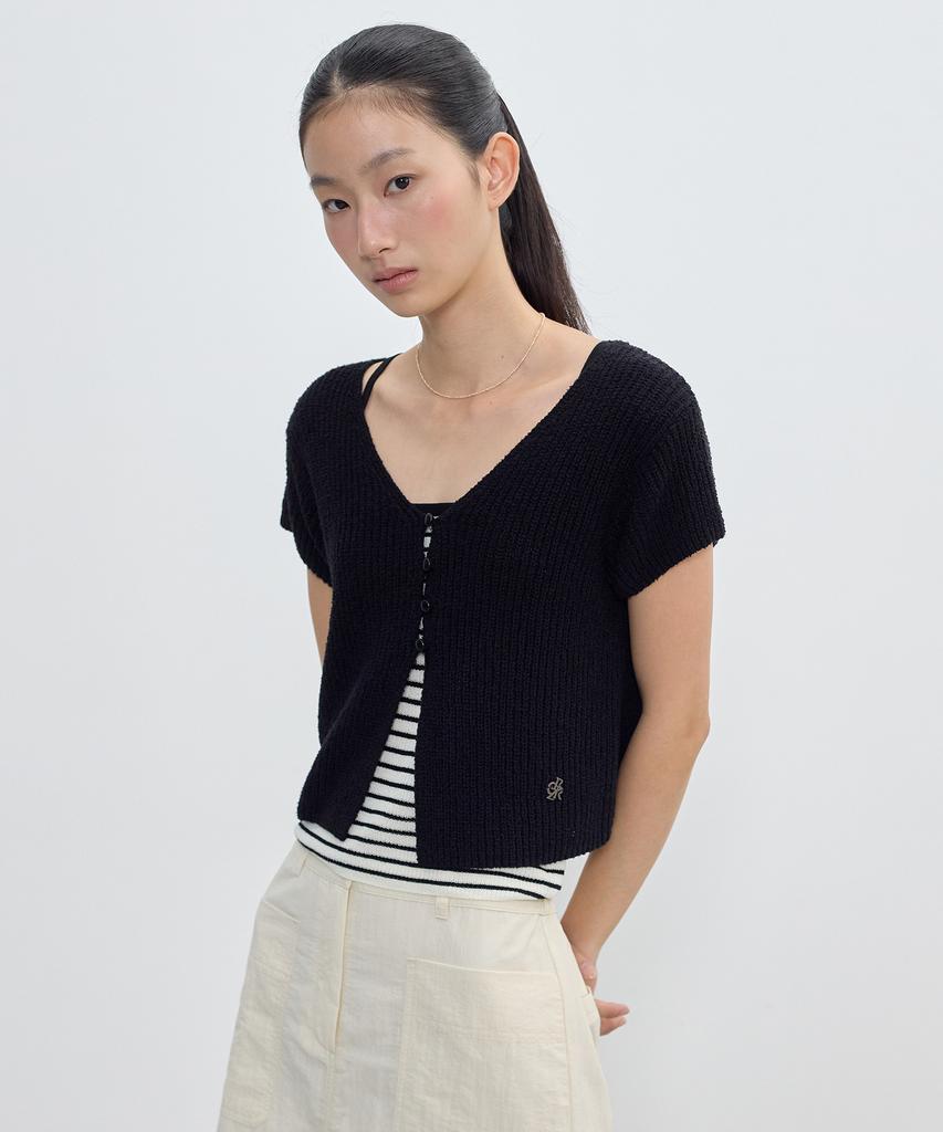 CITYBREEZE V-Neck Short Sleeve Knit Cardigan Set_Black
