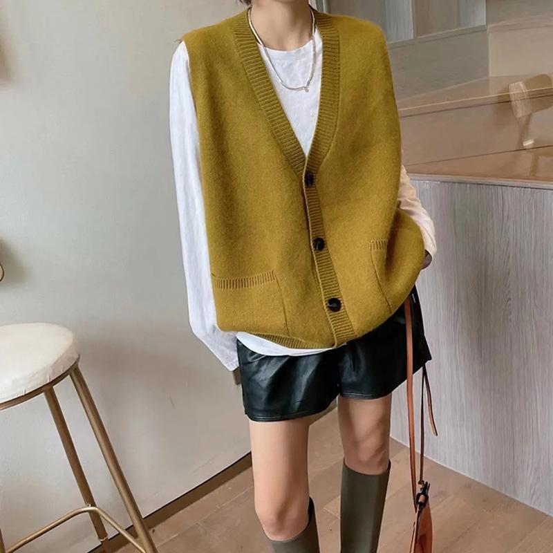 Вязаный жилет, женский осенне-весенний кардиган с v-образным вырезом, свободный однотонный свитер без рукавов, жилет