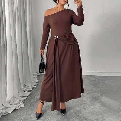 Платье с открытыми плечами, С высокой талией, Приталенное, С длинными рукавами, Длинное платье