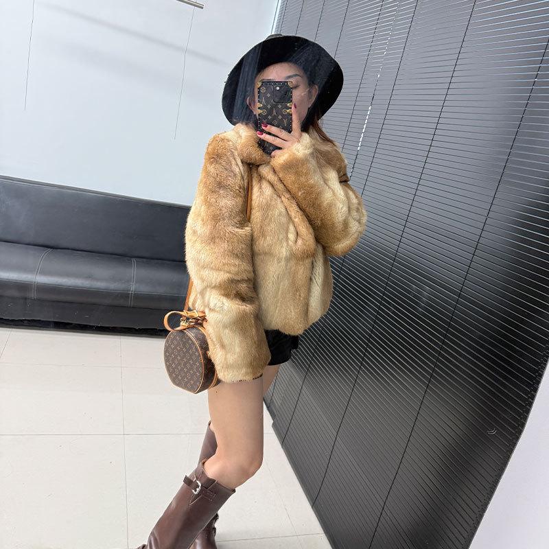 Women's Fashionable Two-Tone Real Rabbit Fur Collar Coat - 2025 Casual Short Style