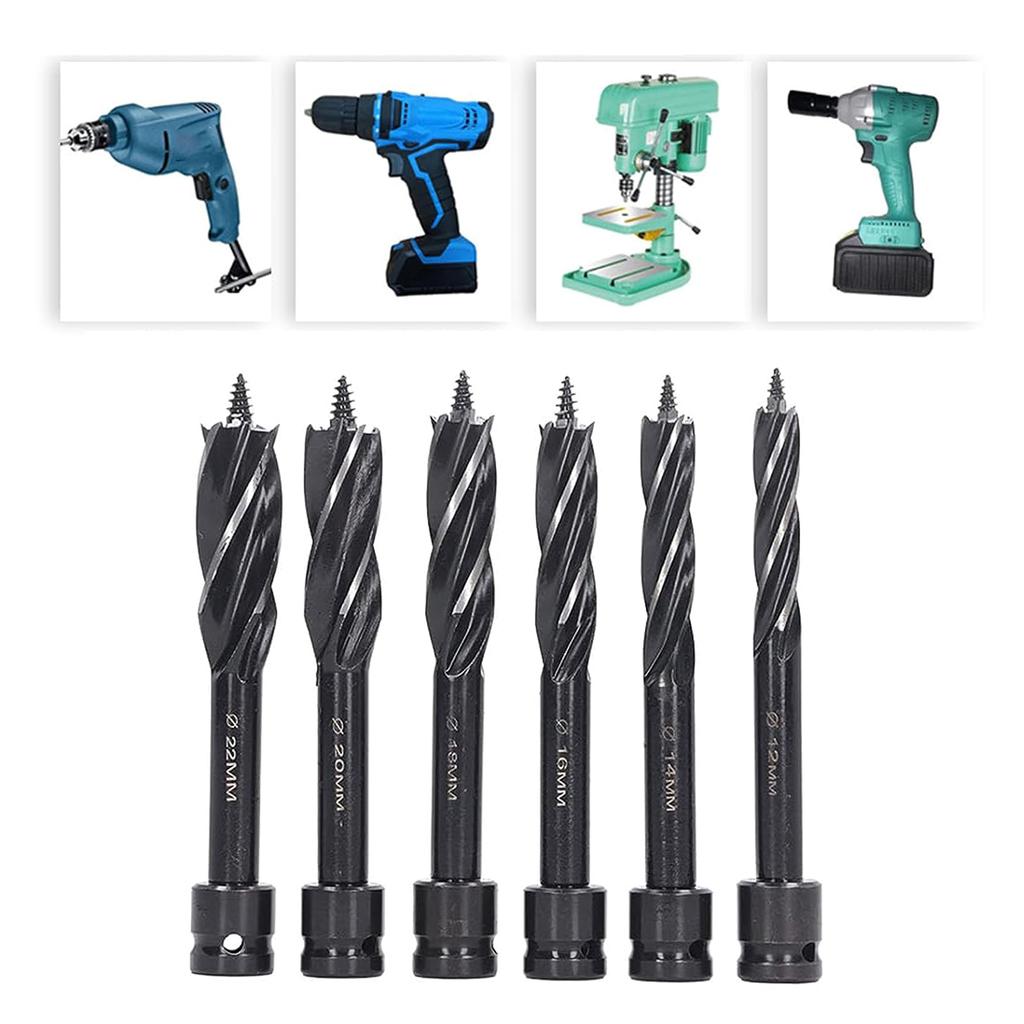 6Piece Auger Drill Bit Hexagonal Shank Snail Drill Bit Set High Carbon Steel, 4 Edges, 4 Flutes for Woodworking