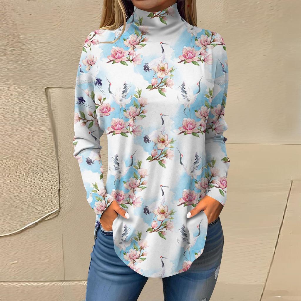 Женская свободная футболка с высоким воротом и длинными рукавами с цветочным принтом в стиле ретро, топ-пуловер