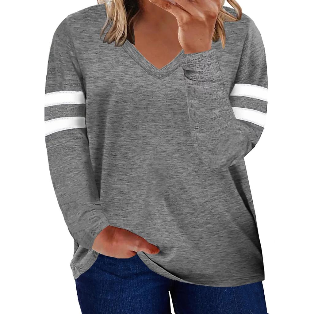 Women's Casual V Neck Pullover Long Sleeve Striped Colorblock Oversized Shirts