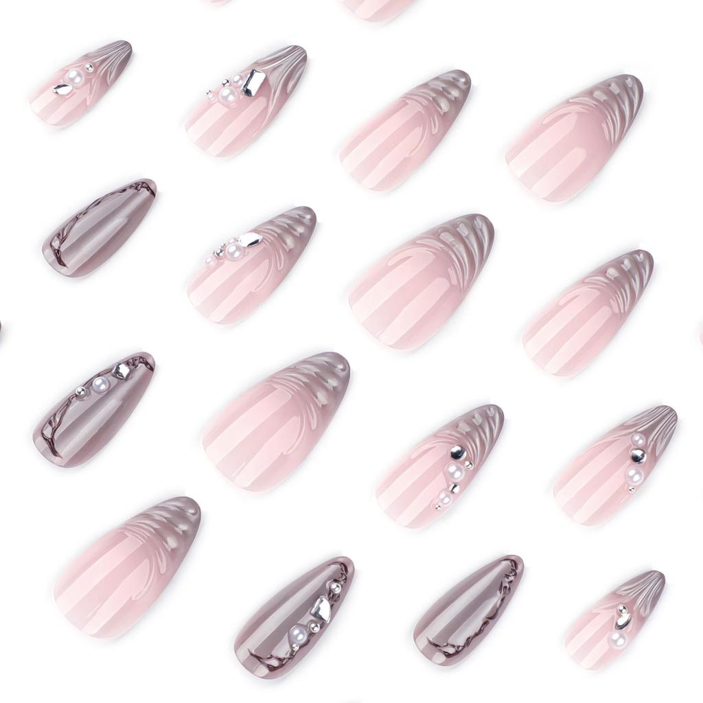 French Pastel Cat Eye 3D Wave Pearl Rhinestone Press-On Nails