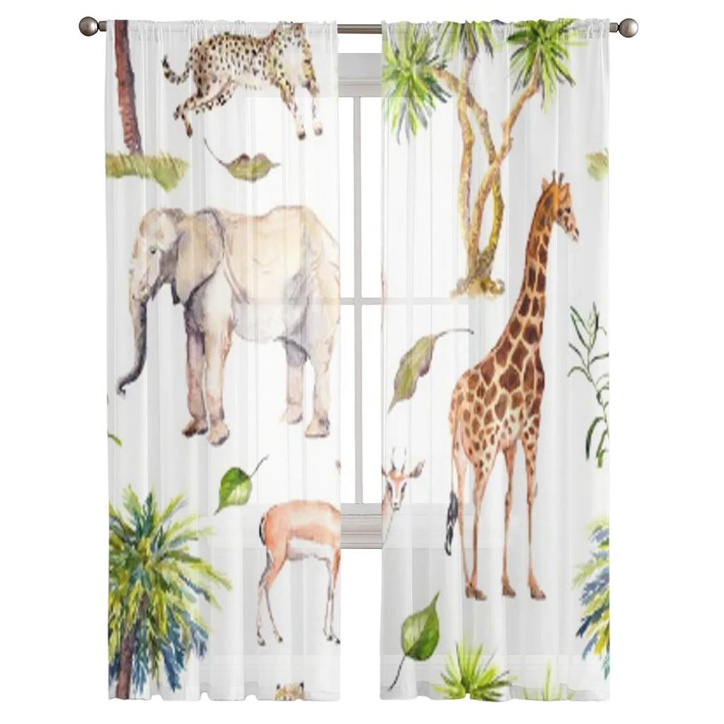 Watercolor Wild Animals Sheer Curtains for Living Room Transparent Tulle Window Curtain Bedroom Kitchen Home Decor Veil Drapes