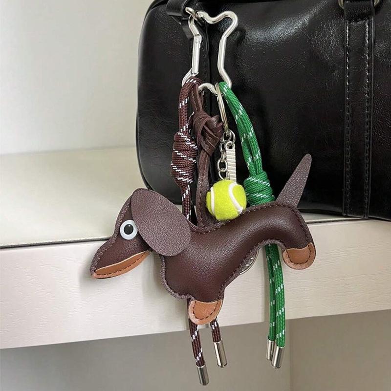 Leather Dachshund Macrame Keychain: Exquisite Puppy Bag Charm by Ruth's Style