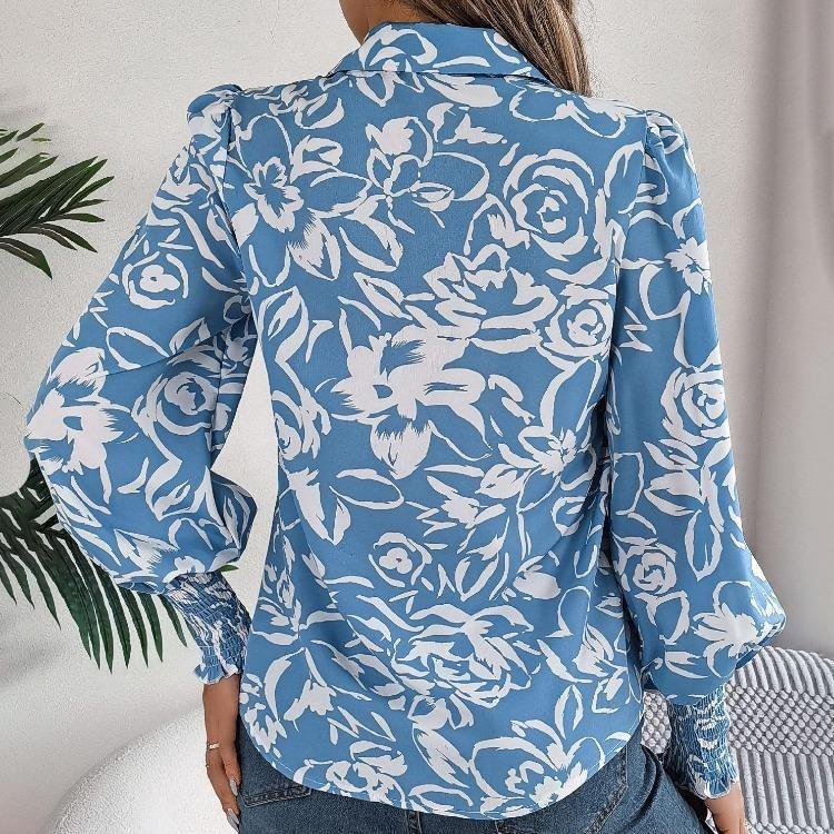 Элегантная женская блузка с цветочным принтом, V-образным вырезом и длинными рукавами для весенне-осеннего сезона