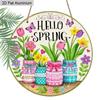 2D Flat Aluminum Hello Spring Door Sign for Front Door, Round Hanging Plaque with Mason Jar & Tulip Flower Design, Rustic Farmhouse Porch Wall Decor