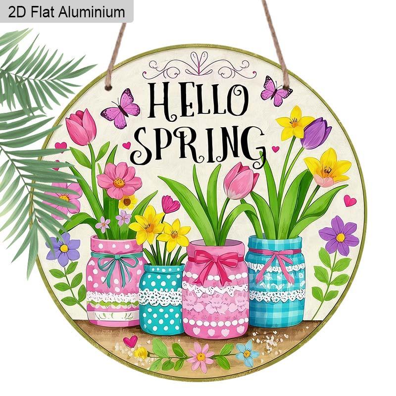 2D Flat Aluminum Hello Spring Door Sign for Front Door, Round Hanging Plaque with Mason Jar & Tulip Flower Design, Rustic Farmhouse Porch Wall Decor