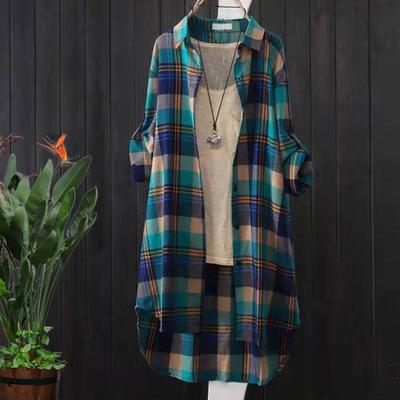 Женское длинное пальто с лацканами, длинными рукавами, пуговицами, планкой, рубашка, пальто с клетчатым принтом, открытое