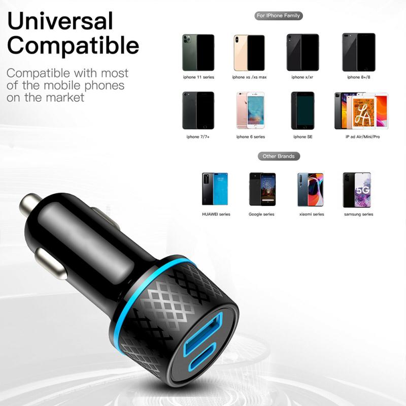 Автомобильное зарядное устройство USB Qc3.0 Двухканальное Адаптер Ультрабыстрой Зарядки Pd20w С Синим Мягким Светодиодным Индикатором Для