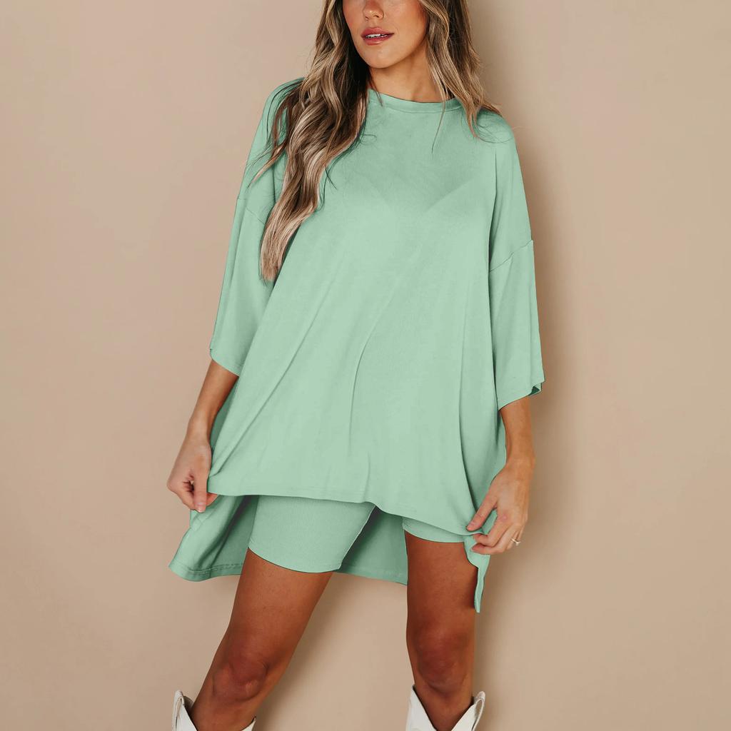 Женский летний комплект из 2 предметов с круглым вырезом и короткими рукавами, с заниженными плечами, топ для больших детей и узкие байкерские шорты для йоги, комплект