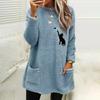 O-Neck Long Sleeves Pockets Mid-Length Winter Sweatshirt Women Loose Fit Embroidery Cat Pattern Fleece Pullover Top