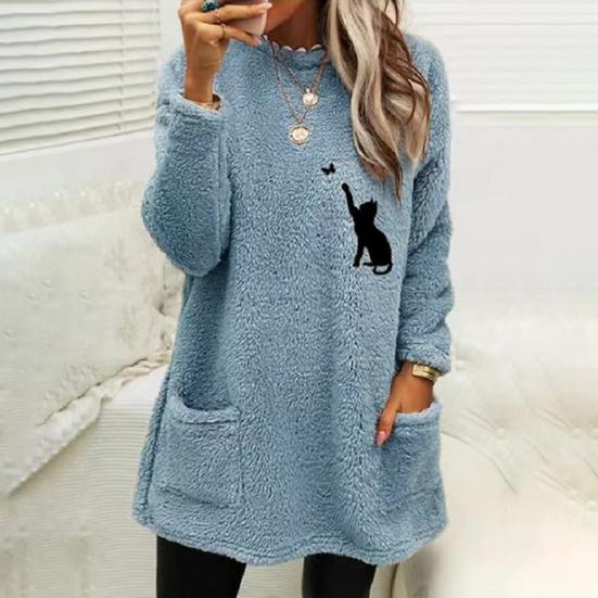 O-Neck Long Sleeves Pockets Mid-Length Winter Sweatshirt Women Loose Fit Embroidery Cat Pattern Fleece Pullover Top