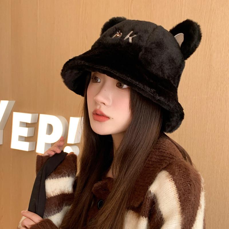 Ear Bear Ok Letter Embroidery Plush Fisherman Hat Bucket Cap Sun Protection