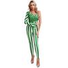 Womens Christmas Jumpsuit One Shoulder Flared Sleeve Shiny Sequin Pompom Trim Unitard One Piece Bodysuit