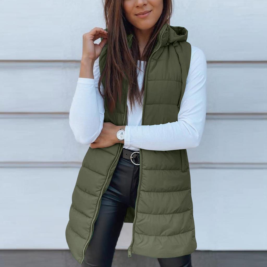 Women's Long Vest Plain Sleeveless Hood Winter Vest Outwear Jacket Lightweight Warm Coat Outerwear