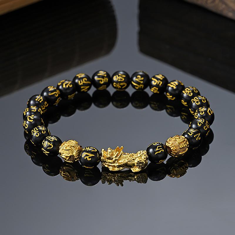Chinese Style Pixiu Six-character Mantra Obsidian Stone Beads Bracelet For Men Women Wristband Wealth And Good Luck Bracelet